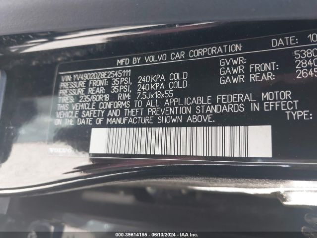 YV4902DZ8E2545111 Volvo Xc60 T6/t6 Platinum/t6 Premier Plus/t6 R-design/t6 R-design Platinum/t6 R-design Premier Plus