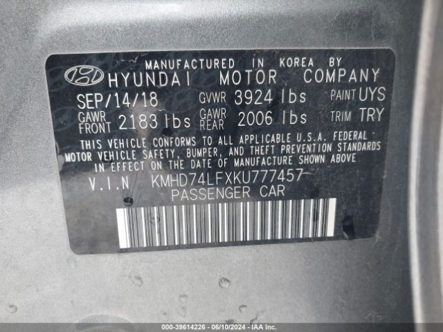 KMHD74LFXKU777457 Hyundai ELANTRA SE