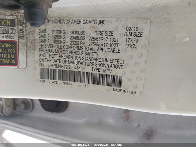 39614237 :رقم المزاد ، 5J6RM4H72GL046453 vin ، 2016 Honda Cr-v Ex-l مزاد بيع