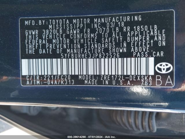 5YFBURHE3JP822526 Toyota COROLLA SE