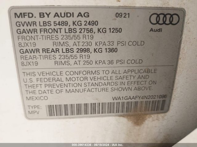 WA1GAAFY4N2021096 Audi Q5 Premium 45 Tfsi S Line Quattro S Tronic