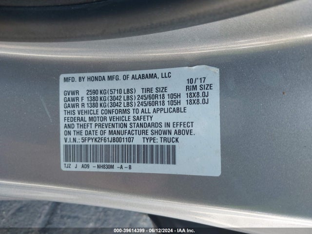 Honda Ridgeline Rtl-t 2018 5FPYK2F61JB001107 Image 9