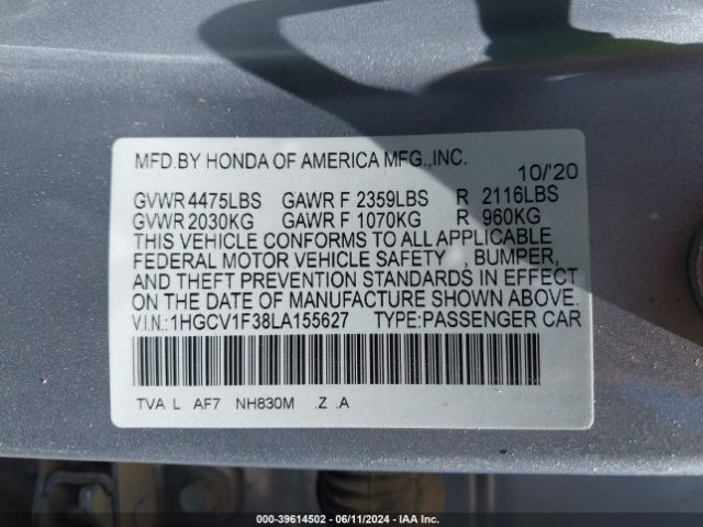 1HGCV1F38LA155627 Honda Accord Sport