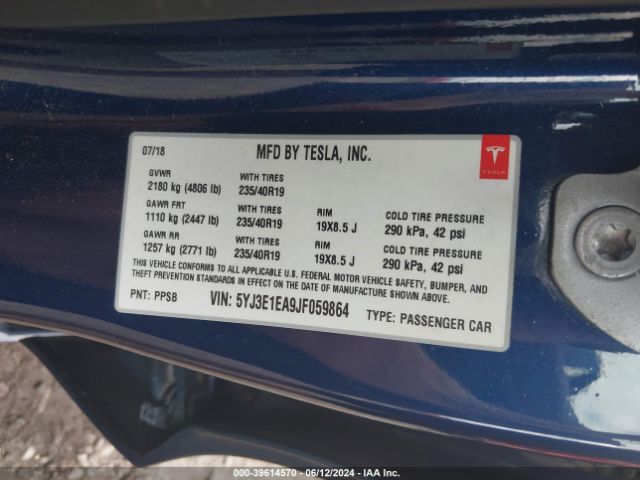 5YJ3E1EA9JF059864 Tesla Model 3 Long Range/mid Range