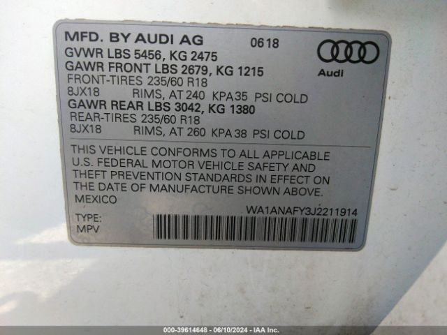 WA1ANAFY3J2211914 Audi Q5 2.0t Premium/2.0t Tech Premium