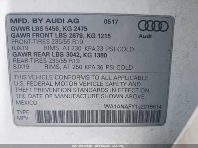 WA1ANAFY1J2018614 Audi Q5 2.0t Premium/2.0t Tech Premium