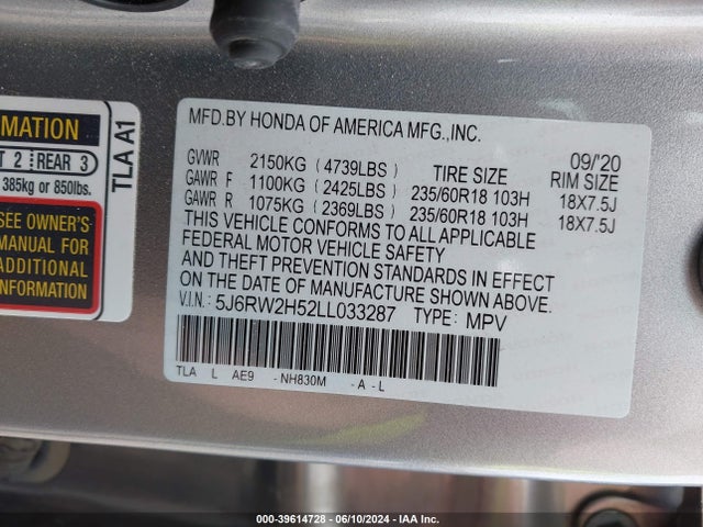 Honda Cr-v Awd Ex 2020 5J6RW2H52LL033287 Image 9