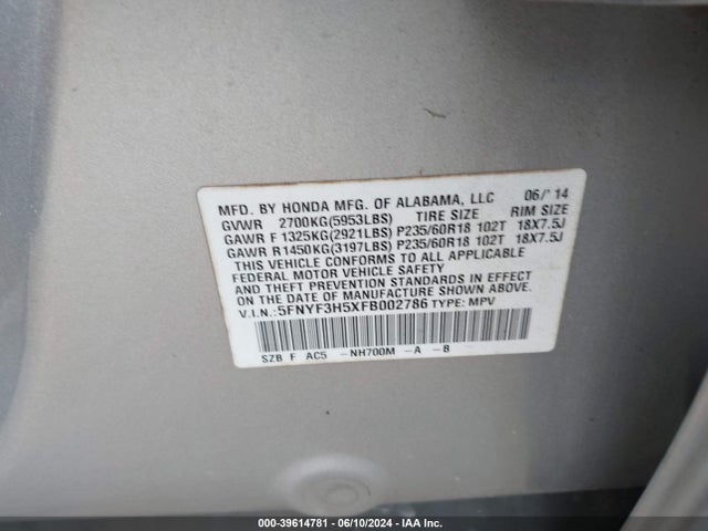 Honda Pilot Ex-l 2015 5FNYF3H5XFB002786 Image 9