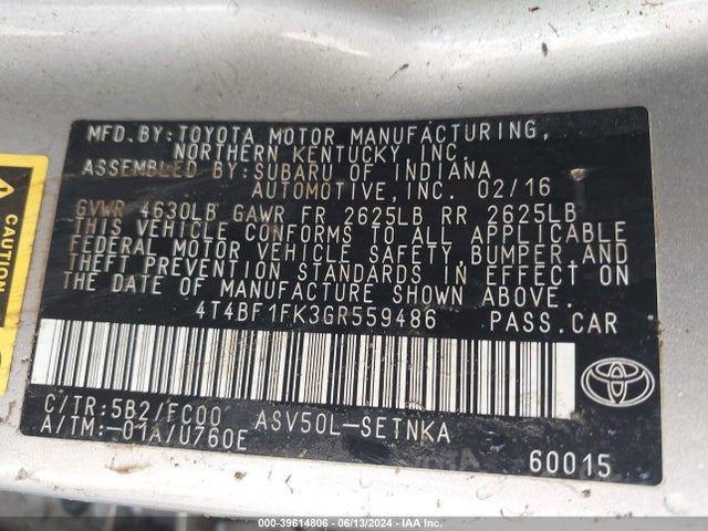 Toyota CAMRY LE 2016 4T4BF1FK3GR559486 Image 9