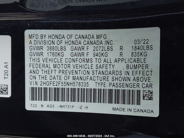 2HGFE2F55NH578335 Honda Civic Sport