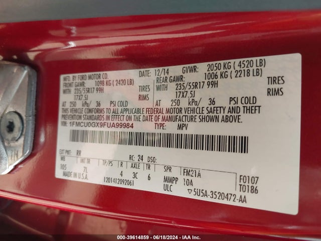 Ford ESCAPE SE 2015 1FMCU0GX9FUA99984 Image 9