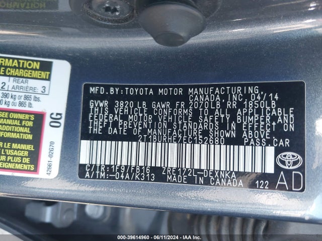 Toyota COROLLA LE 2014 2T1BURHE7EC152680 Image 9