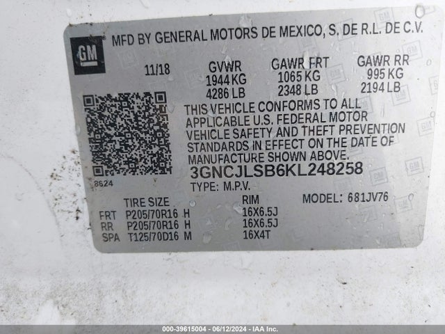 Chevrolet Trax Lt 2019 3GNCJLSB6KL248258 Image 9