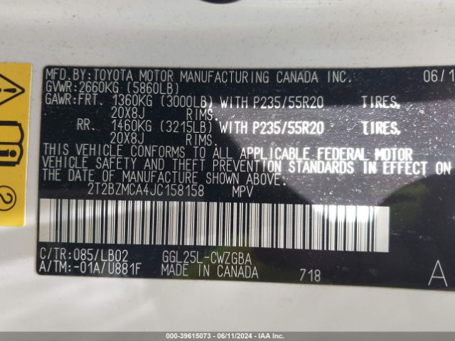 2T2BZMCA4JC158158 Lexus RX 350