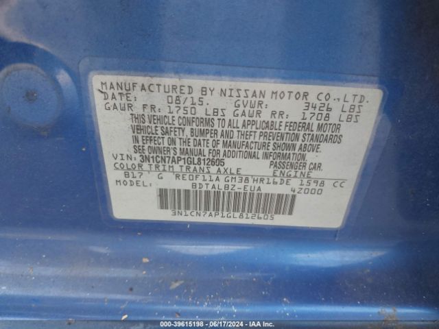 3N1CN7AP1GL812605 Nissan Versa 1.6 S/1.6 S+/1.6 Sl/1.6 Sv