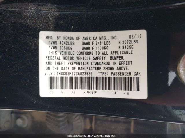 1HGCR3F92GA023683 Honda Accord Touring