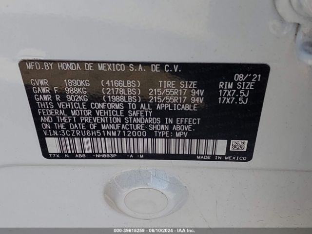 3CZRU6H51NM712000 Honda Hr-v Awd Ex