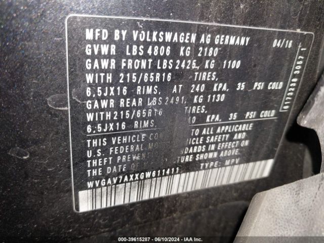 WVGAV7AXXGW611411 Volkswagen TIGUAN S