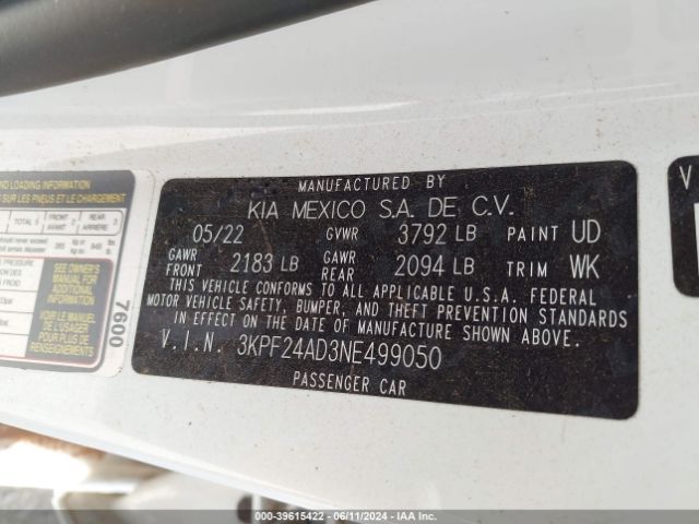 3KPF24AD3NE499050 KIA FORTE FE
