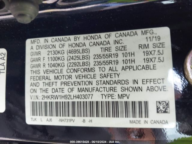 2HKRW1H92LH403077 Honda Cr-v 2wd Touring