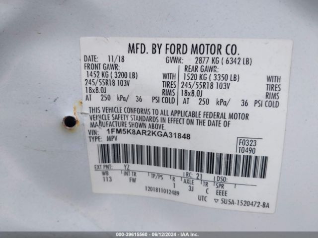 1FM5K8AR2KGA31848 Ford Police Interceptor Utility