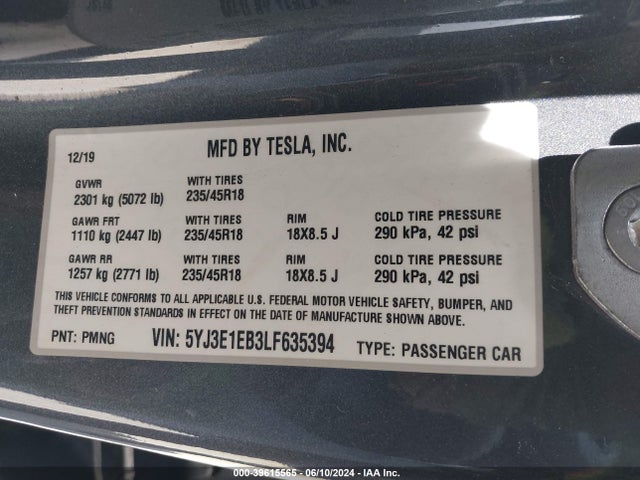Tesla Model 3 Long Range Dual Motor All-wheel Drive 2020 5YJ3E1EB3LF635394 Image 9