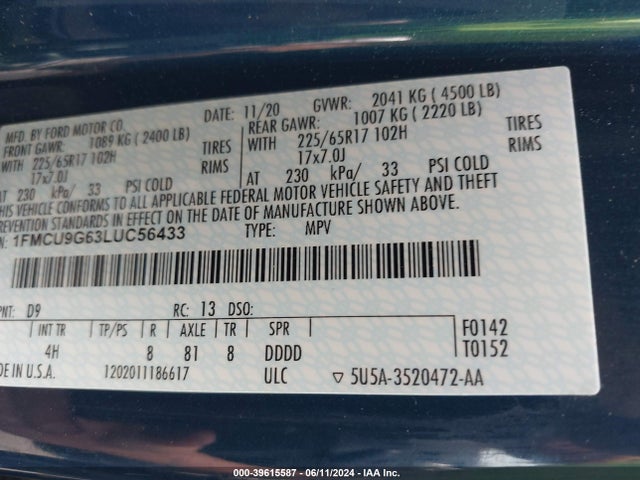 Ford ESCAPE SE 2020 1FMCU9G63LUC56433 Image 9
