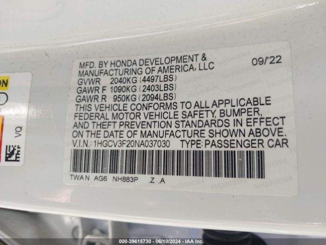 1HGCV3F20NA037030 Honda Accord Hybrid Sport