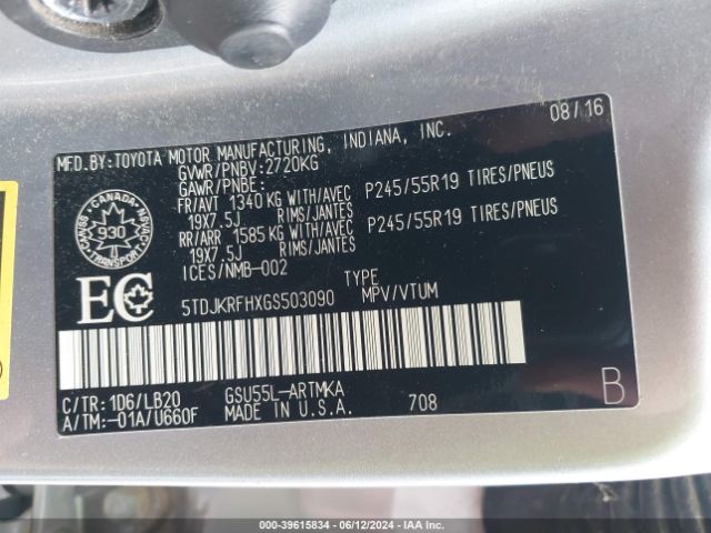 5TDJKRFHXGS503090 Toyota Highlander Xle V6