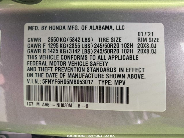 Honda Pilot Awd Elite 2021 5FNYF6H05MB053017 Image 9