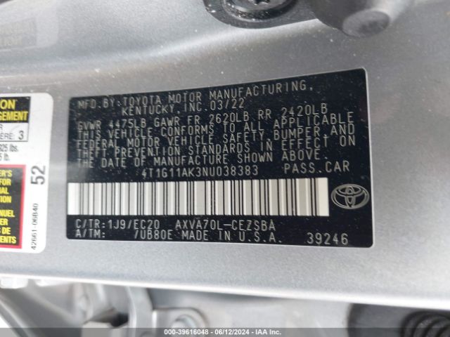 4T1G11AK3NU038383 Toyota Camry Se Nightshade Edition