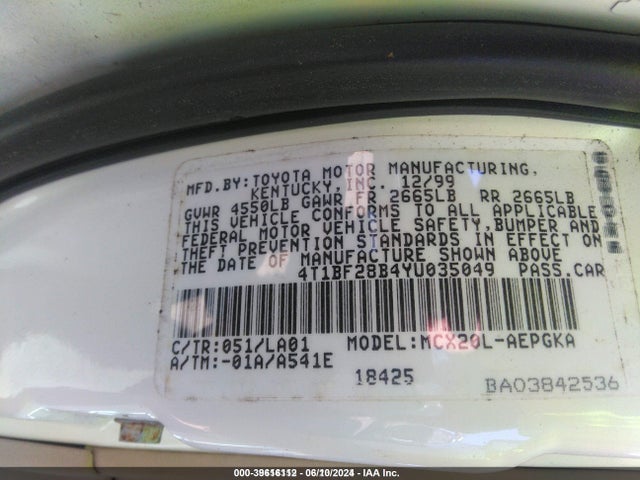 Продажа на аукционе авто 2000 Toyota Avalon Xls, vin: 4T1BF28B4YU035049, номер лота: 39616112
