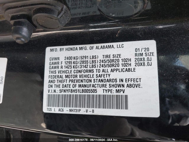 Honda j35y6 2020 5FNYF8H51LB005505 Image 42