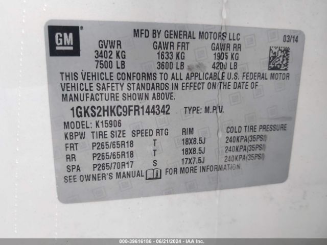 1GKS2HKC9FR144342 GMC Yukon Xl 1500 Slt
