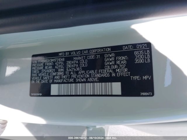 YV4BR0CK9M1731048 Volvo Xc90 Recharge Plug-in Hybrid T8 Inscription Expression 7 Passenger