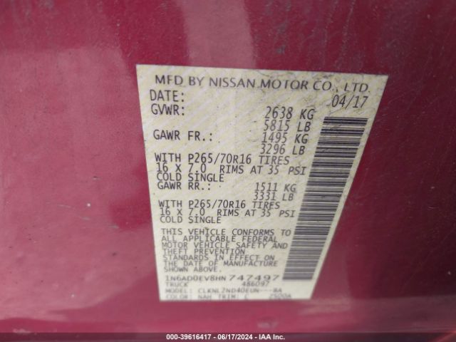 1N6AD0EV8HN747497 Nissan Frontier Sv