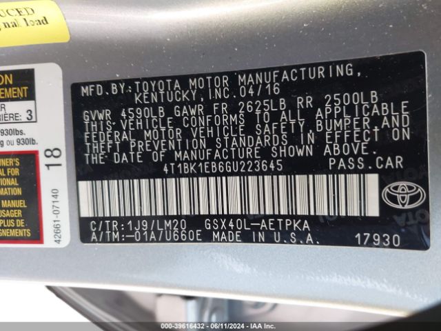 4T1BK1EB6GU223645 Toyota AVALON LIMITED