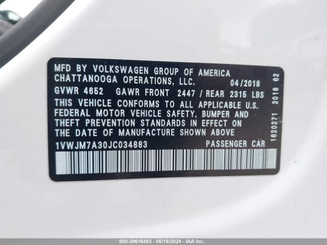 1VWJM7A30JC034883 Volkswagen Passat 3.6l V6 Gt