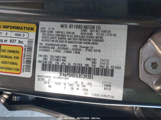 Ford FUSION SE 2020 3FA6P0HD5LR139385 Image 9