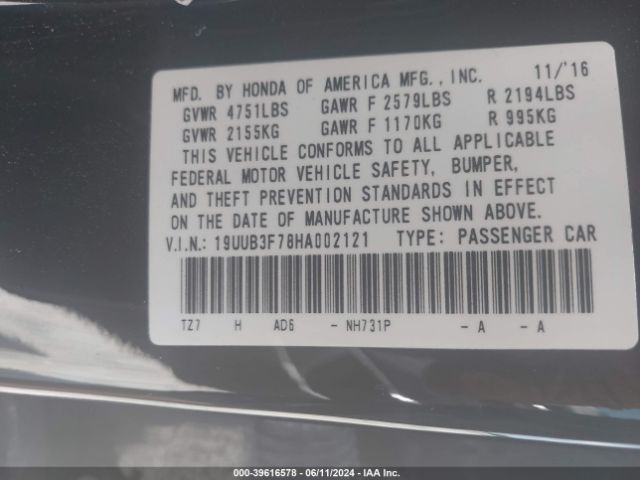 19UUB3F78HA002121 Acura Tlx Advance Package