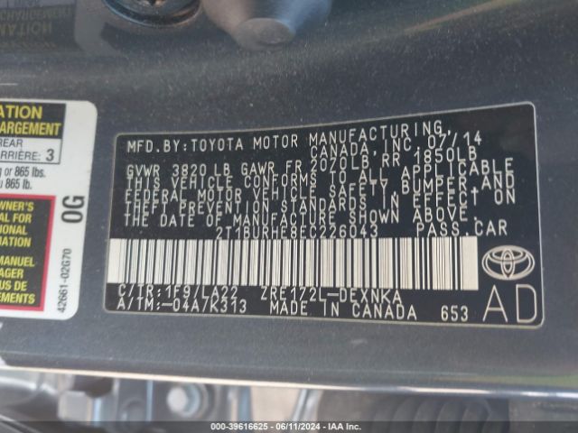 2T1BURHE8EC226043 Toyota Corolla Le Premium