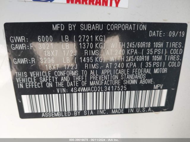 4S4WMACD2L3417525 Subaru Ascent Premium