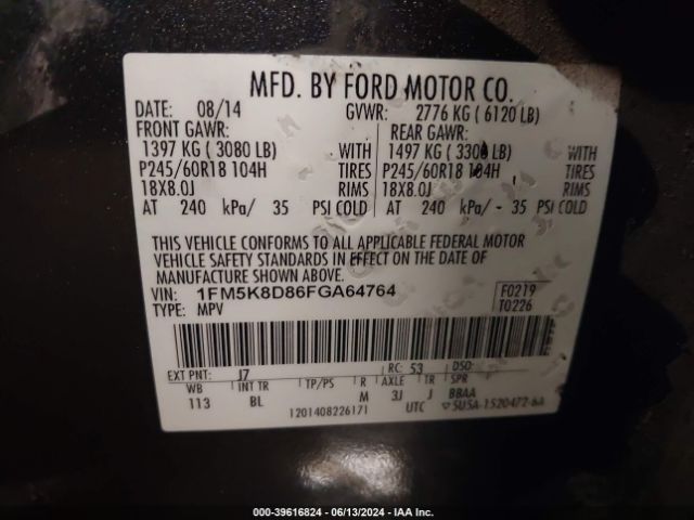 1FM5K8D86FGA64764 Ford EXPLORER XLT