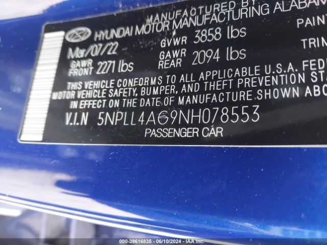 5NPLL4AG9NH078553 Hyundai ELANTRA SE