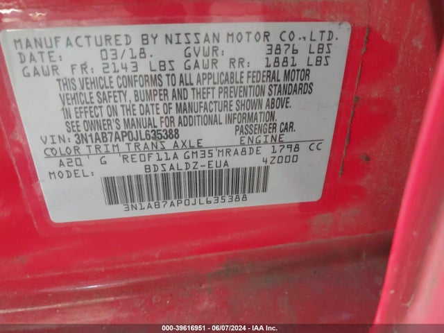 Nissan SENTRA SV 2018 3N1AB7AP0JL635388 Image 9