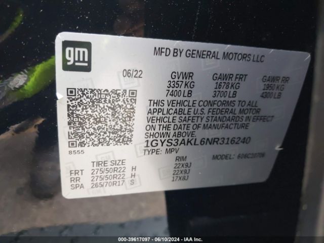 1GYS3AKL6NR316240 Cadillac Escalade 2wd Luxury