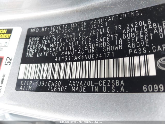 Toyota CAMRY SE 2022 4T1G11AK4NU624171 Image 9