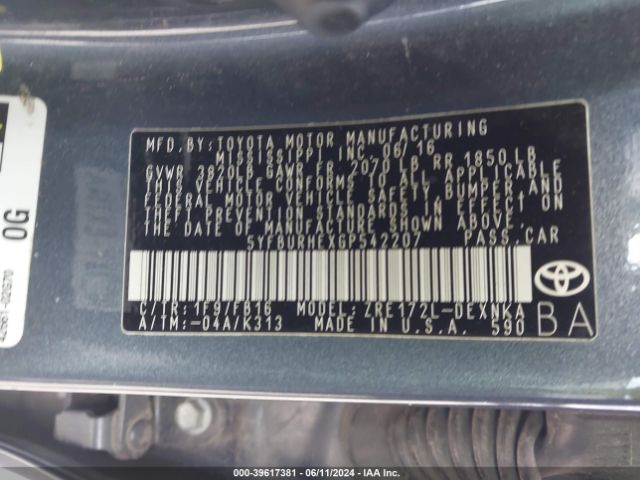 5YFBURHEXGP542207 Toyota COROLLA LE