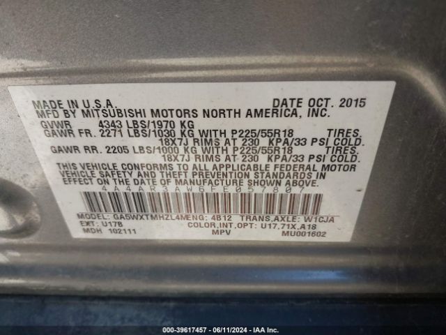 4A4AR3AW6FE057807 Mitsubishi Outlander Sport Es