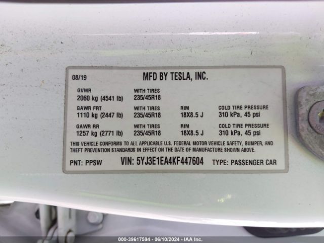 2019 TESLA MODEL 3 5YJ3E1EA4KF447604 Photo 8